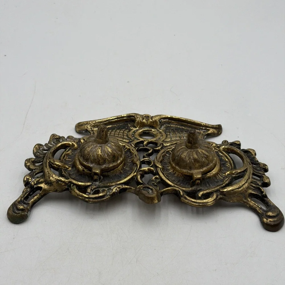 Vintage Double Ornate Brass Style Metal Inkwell JAPAN
